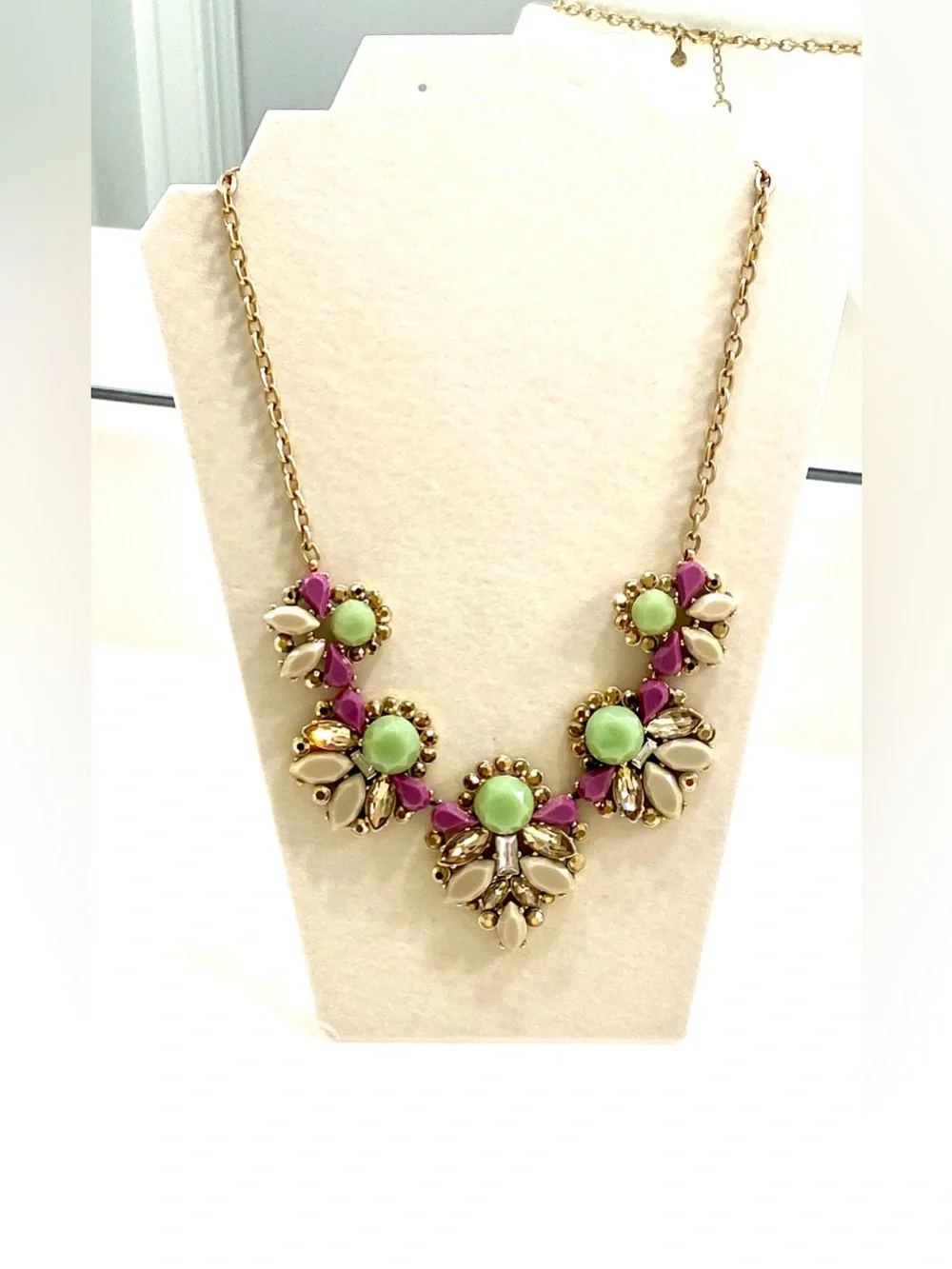 J. Crew Gold-Tone Floral Bib Necklace with Mint Green, Purple, and Cream Accents